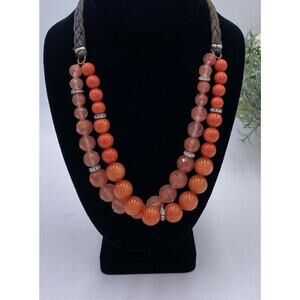 Fossil‎ Brand Coral Beaded Jadeite Double Strand Leather Rhinestones Necklace